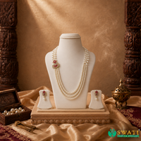 White Pearls With White And Red Stone Side Brouch Set