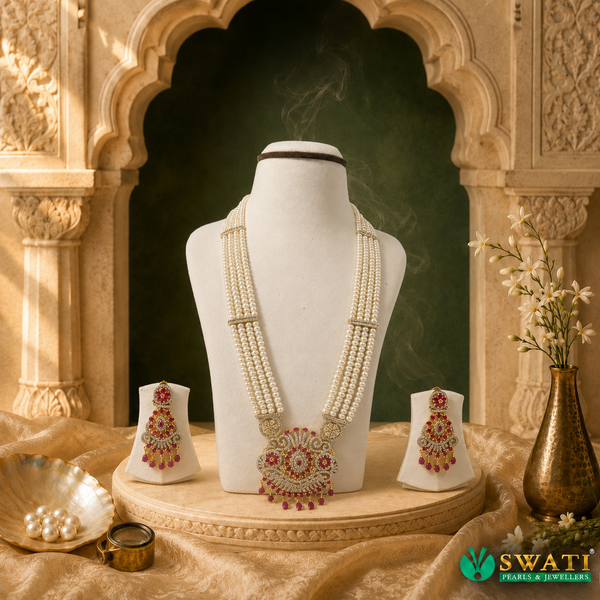 Red Stone White Pearls Set