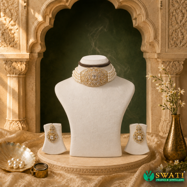 White Pearls With White Stone Chowkar Set