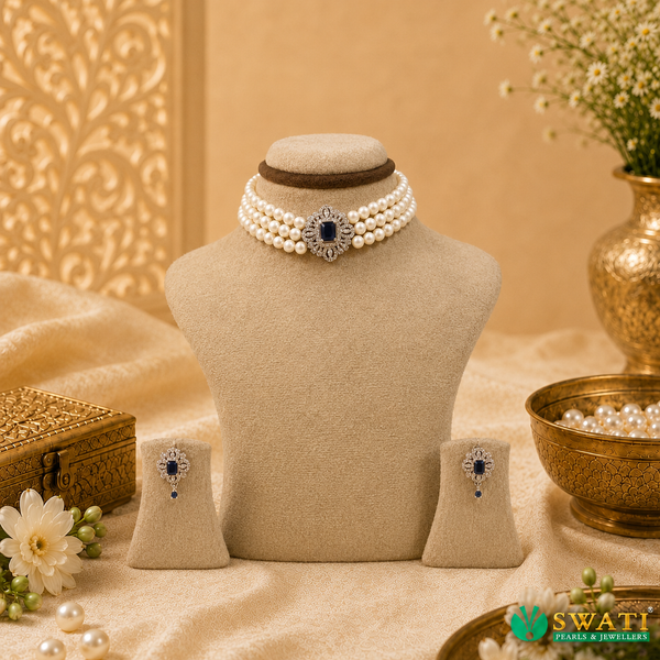White Pearls With Dark Blue Stone Chowkar