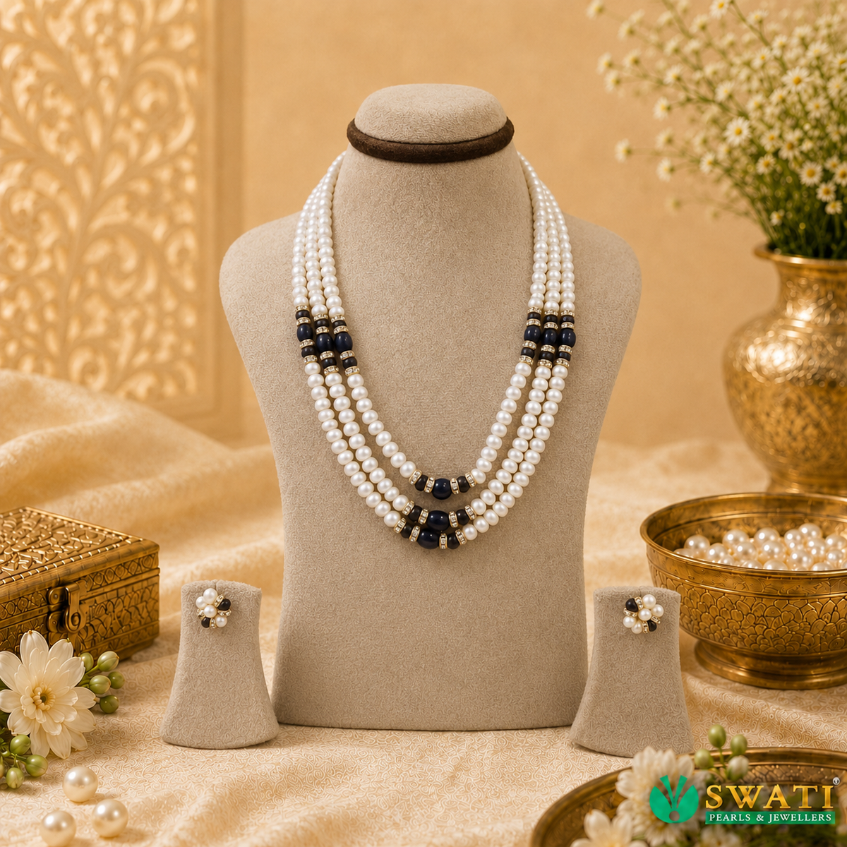 White Pearls Blue Combination 3rows Mala