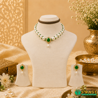 White Pearls With Green Stone Chowkar