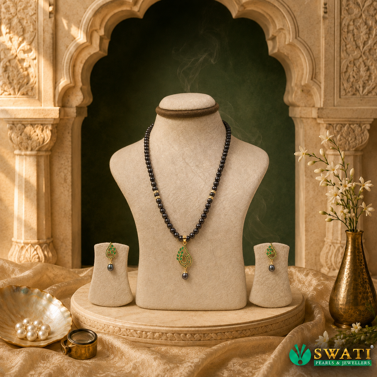 Black Pearl Green Stone Hangings Set