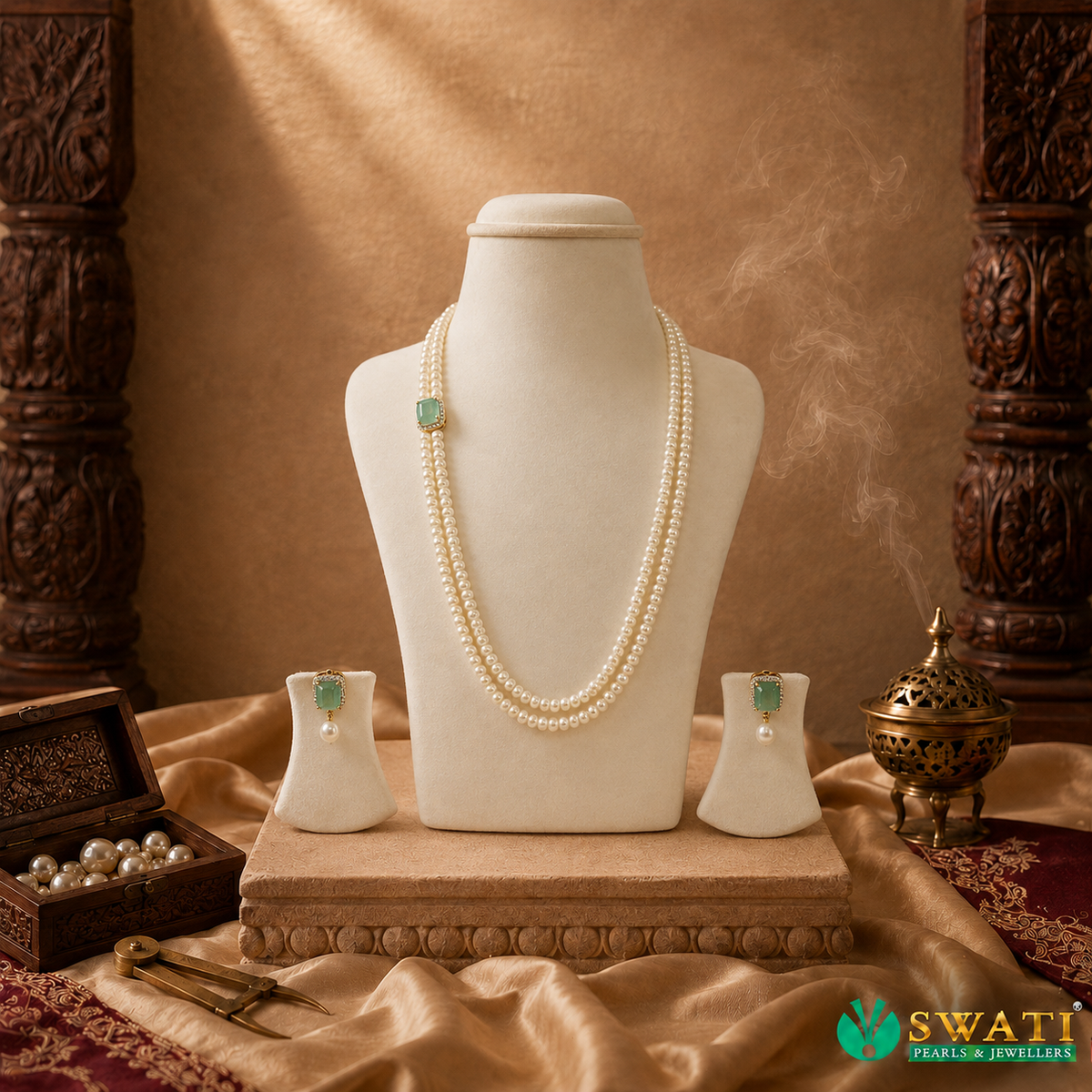 White Pearls Lite Green Stone Set