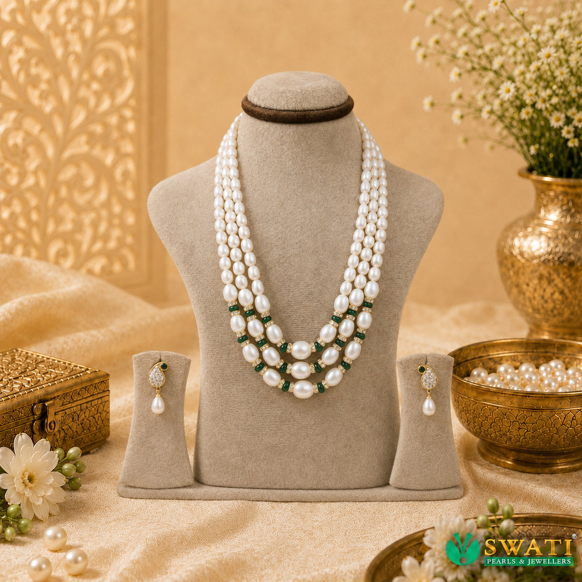 White Pearls Graded Green Combination Mala