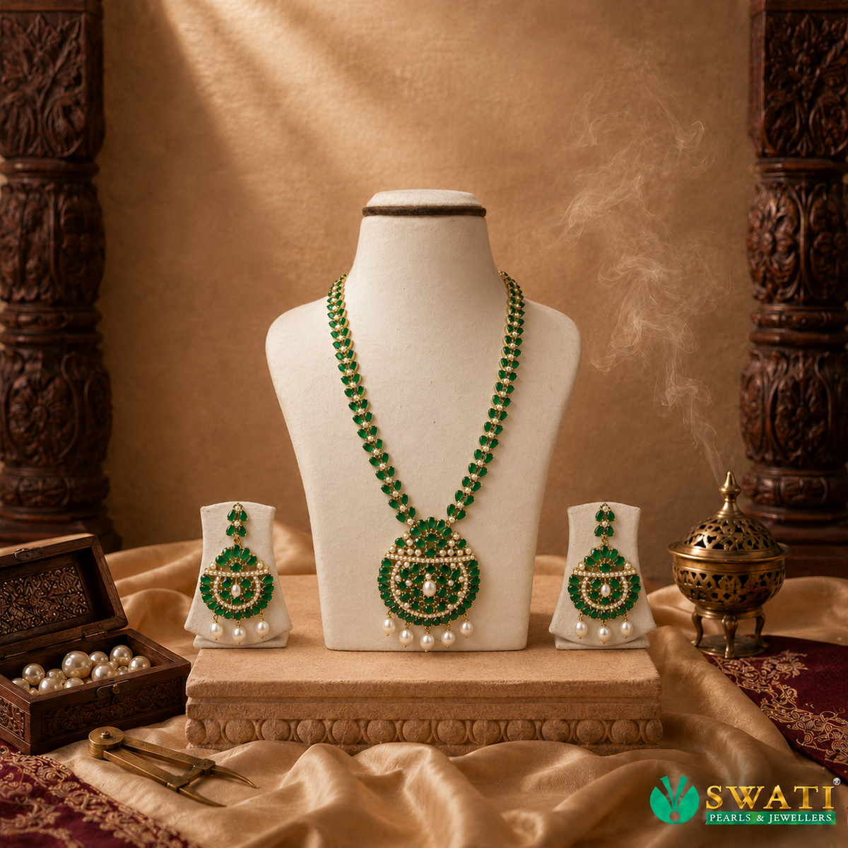 Pearls With Emrald Stone Long Necklace Set