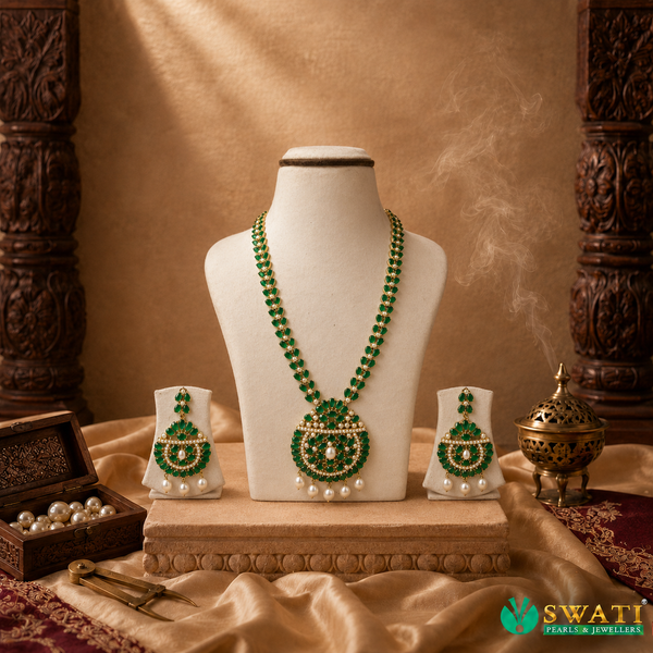 Pearls With Emrald Stone Long Necklace Set