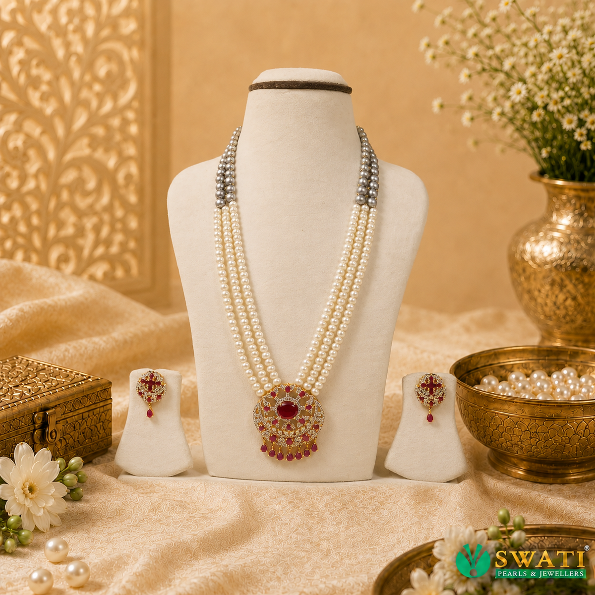 White Pearls With Silver Gray Combination Rani Har Set