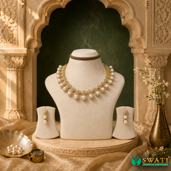 White Stone Pearls Necklace