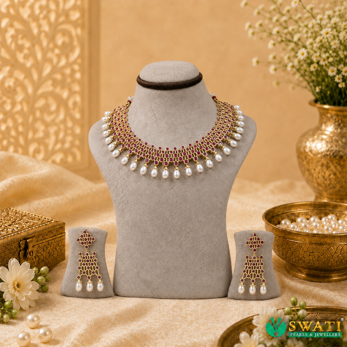 White Pearls Red Stone Necklace