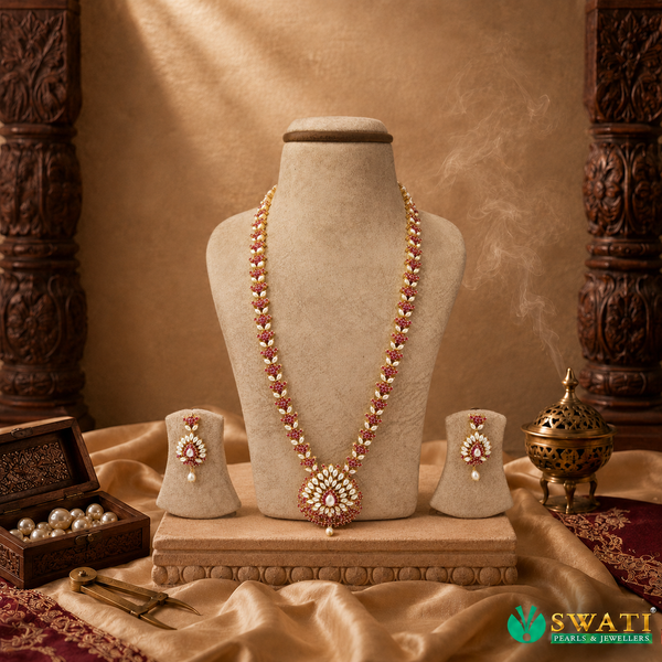White Pearls With Ruby Stone Long Set