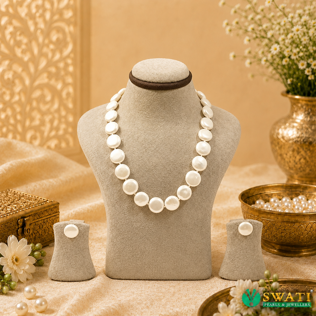 White Flat Coin Pearls Mala