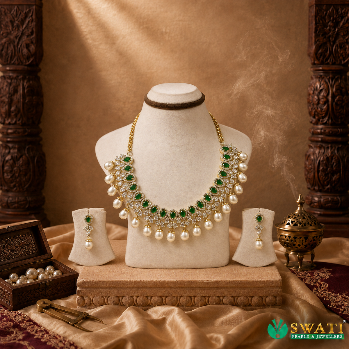 White Pearl Green Stone Drop Necklace