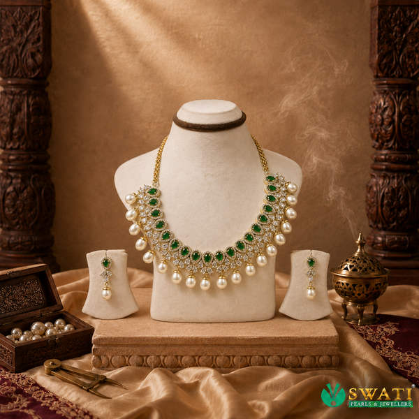White Pearl Green Stone Drop Necklace