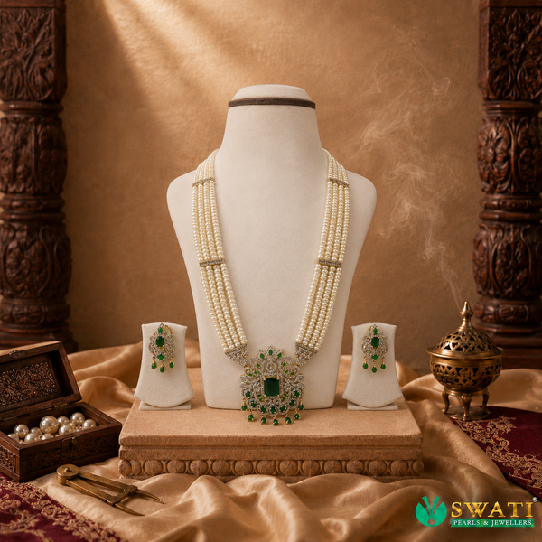 Green Stone White Pearls Set