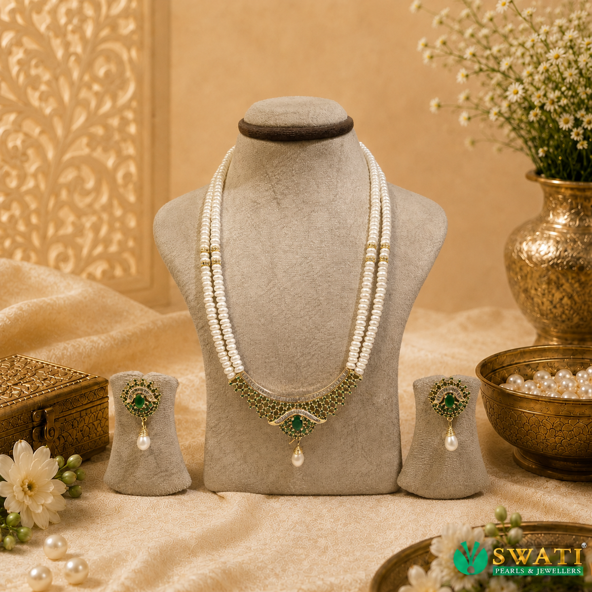 White Pearls Green Stone 2 Rows AD Set