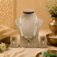 White Pearls Green Stone 2 Rows AD Set