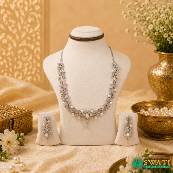 White Pearl With White Stone Necklace