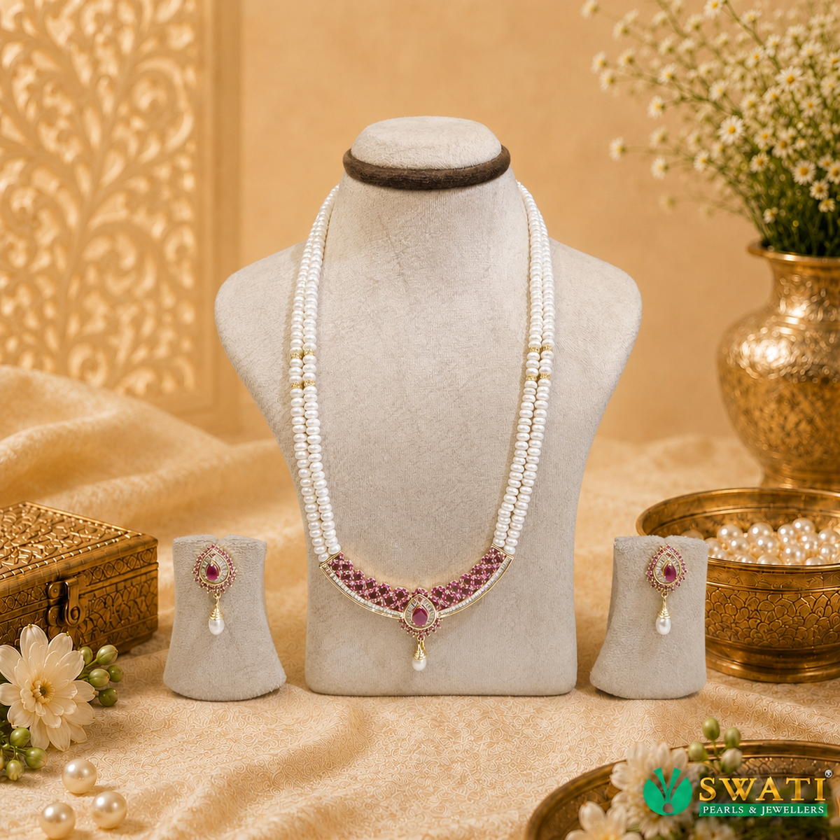 White Pearls Red Stone 2lines AD Set