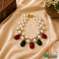 White Pearls With Red And Green Stone Bracelet