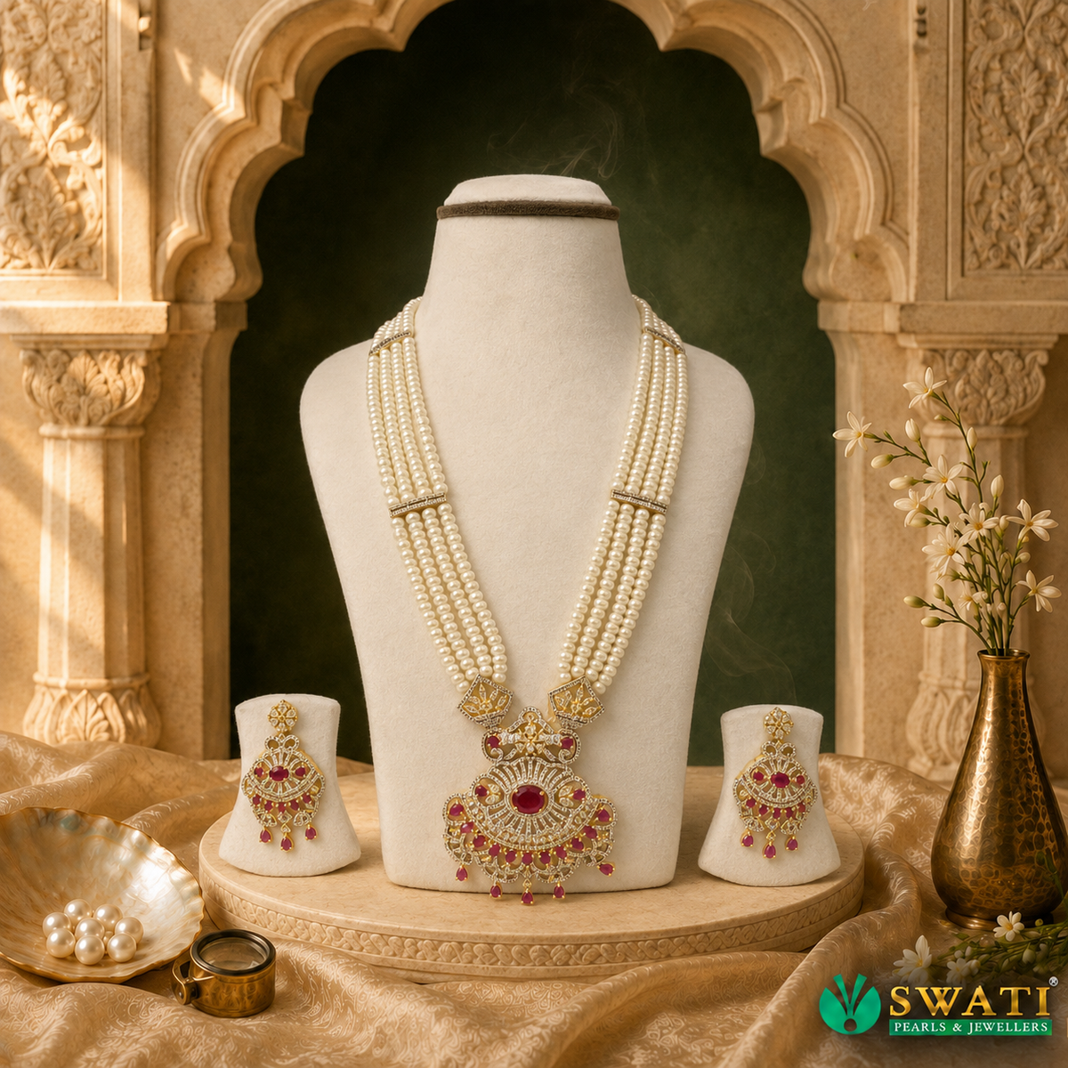 White Pearls Dark Red Stone Rani Har Set