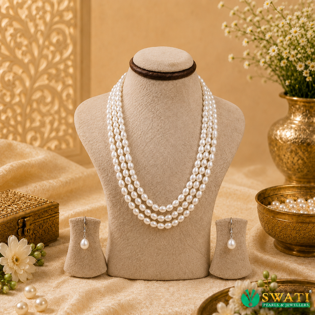 White Pearls Oval Shape 3rows Mala