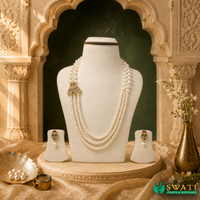 Natural White Pearls With Multi Stone Side Brouch Set