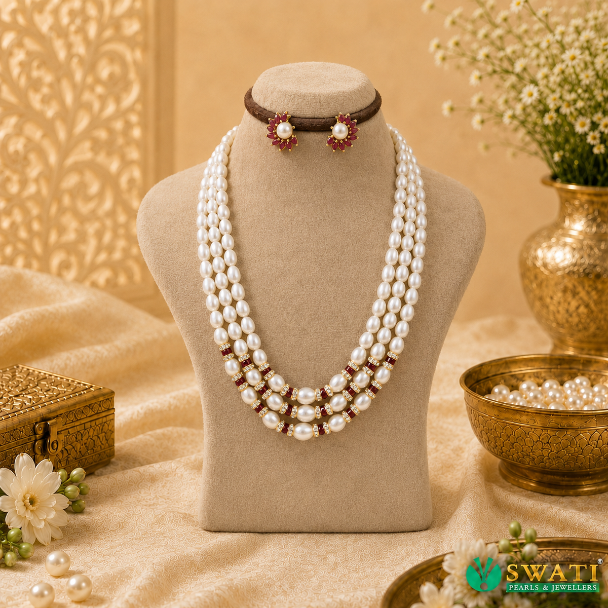 White Pearls Graded Red Combination Mala