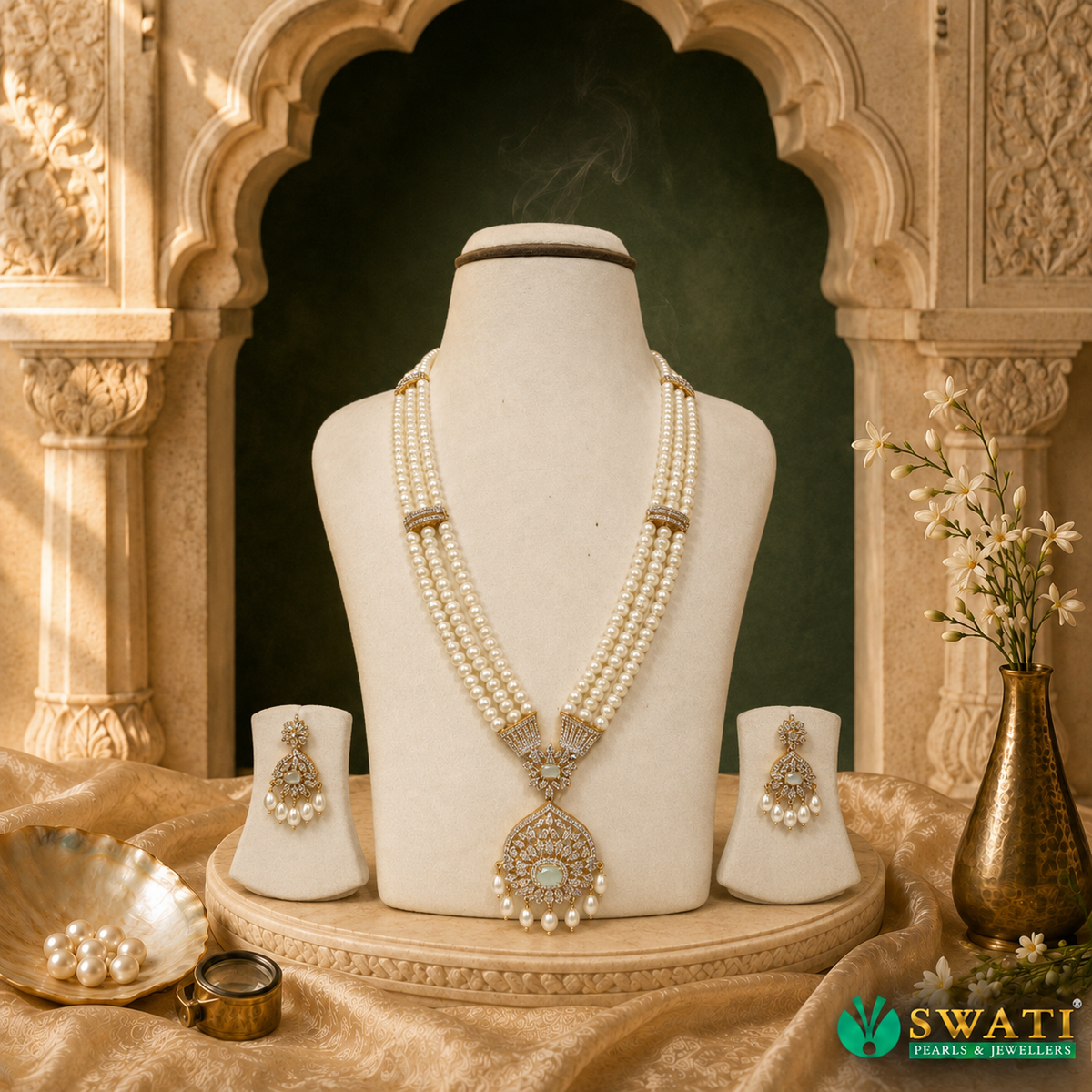 White Pearls Lite Green Stone Rani Haar Set