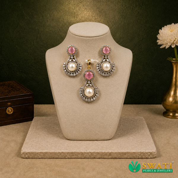 White Pearls With Pink Stone Pendant