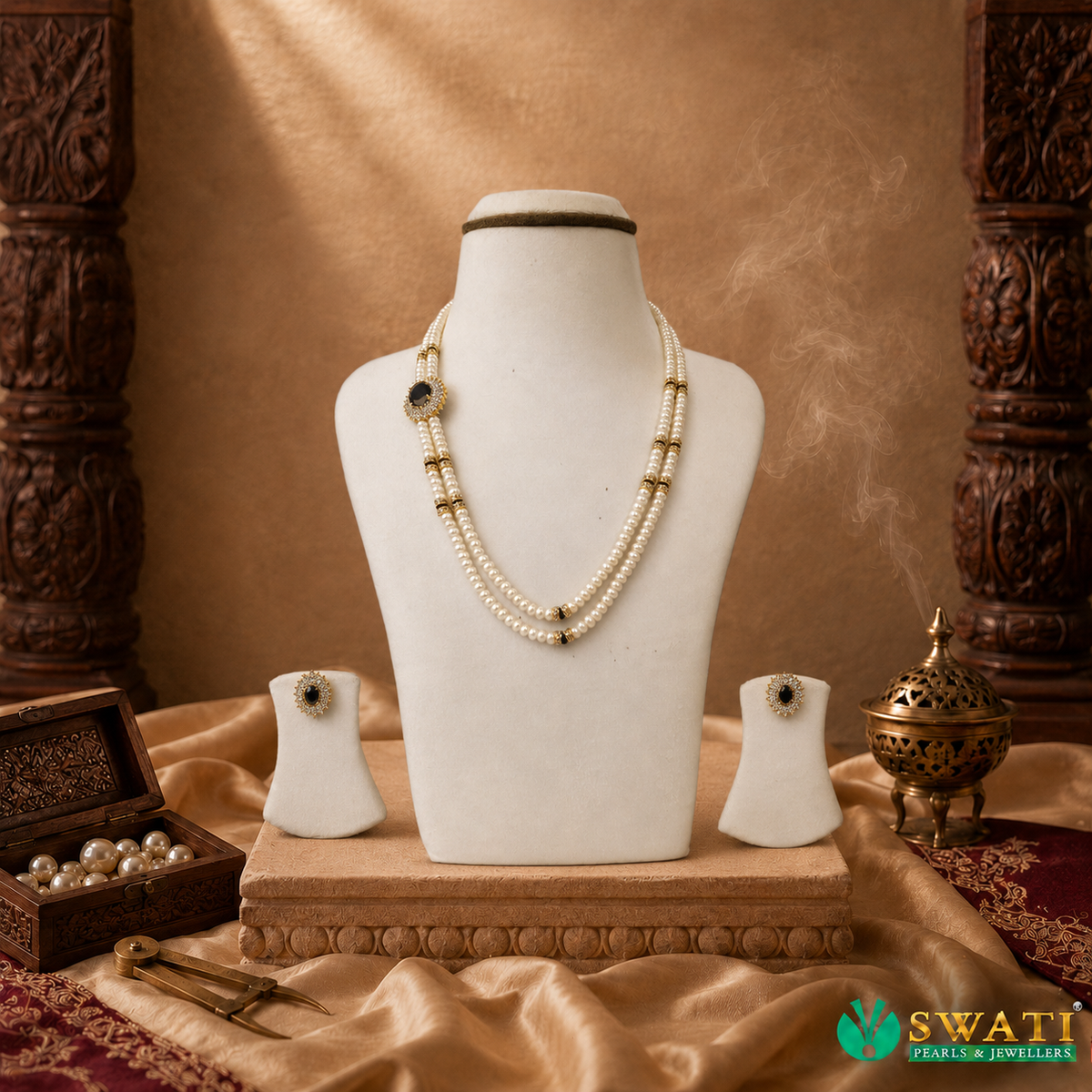 White Pearls Black Stone Set