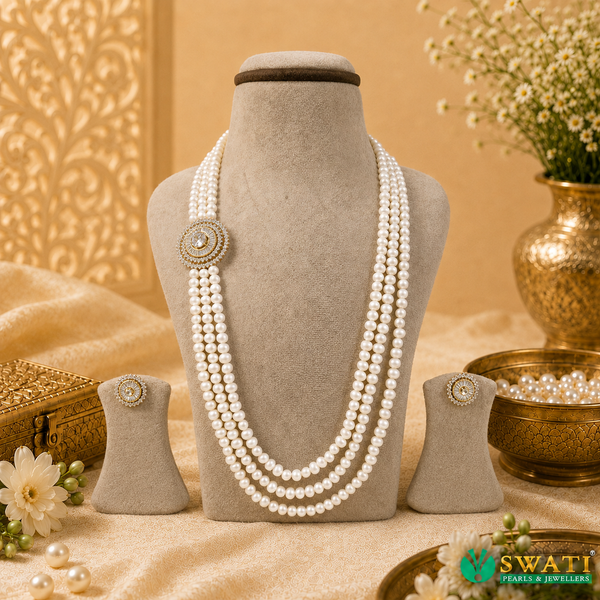 White Pearls With White Stone Side Brouch