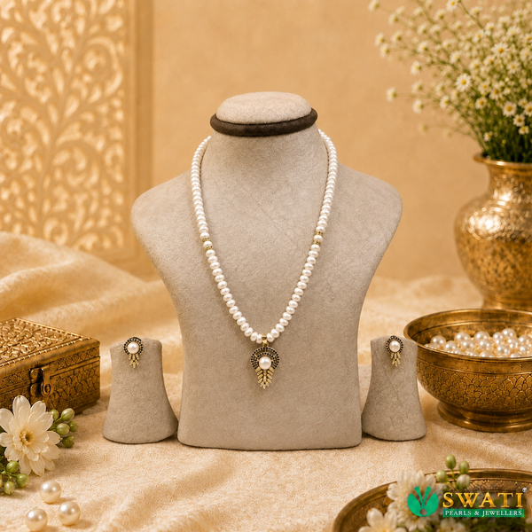 White Pearls With Blue Stone Drop Set