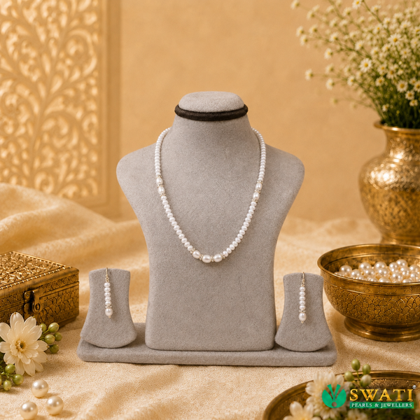 White Semi Round Pearls Gold Plated Balls Mala