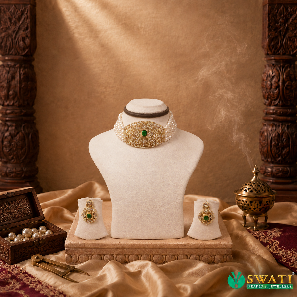 White Pearls Green Stone Sets