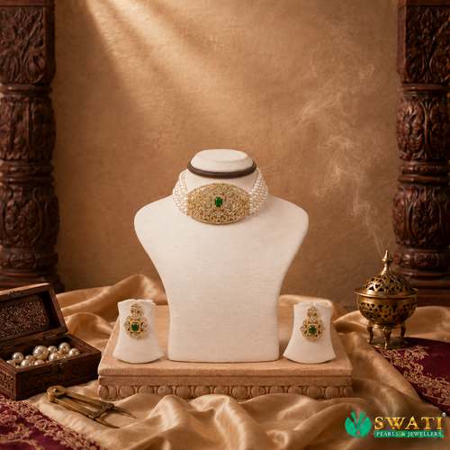 White Pearls Green Stone Sets