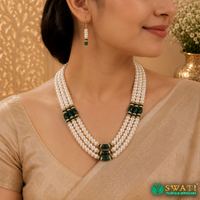 White Pearls Green Combination 3rows Mala