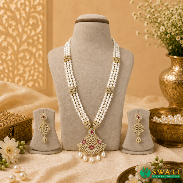 White Pearls Red And White Stone Rani Har