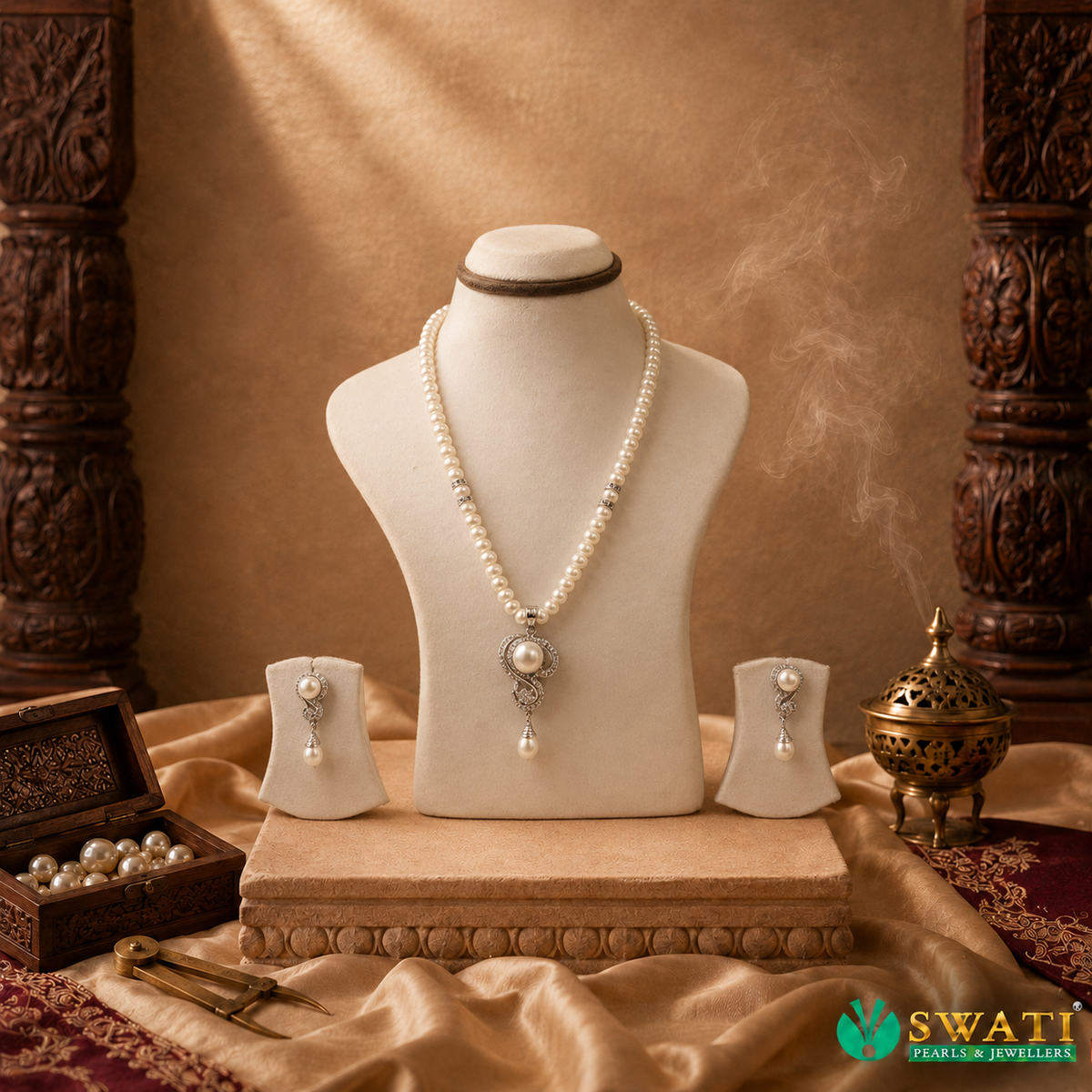 White Pearls With Silver Set