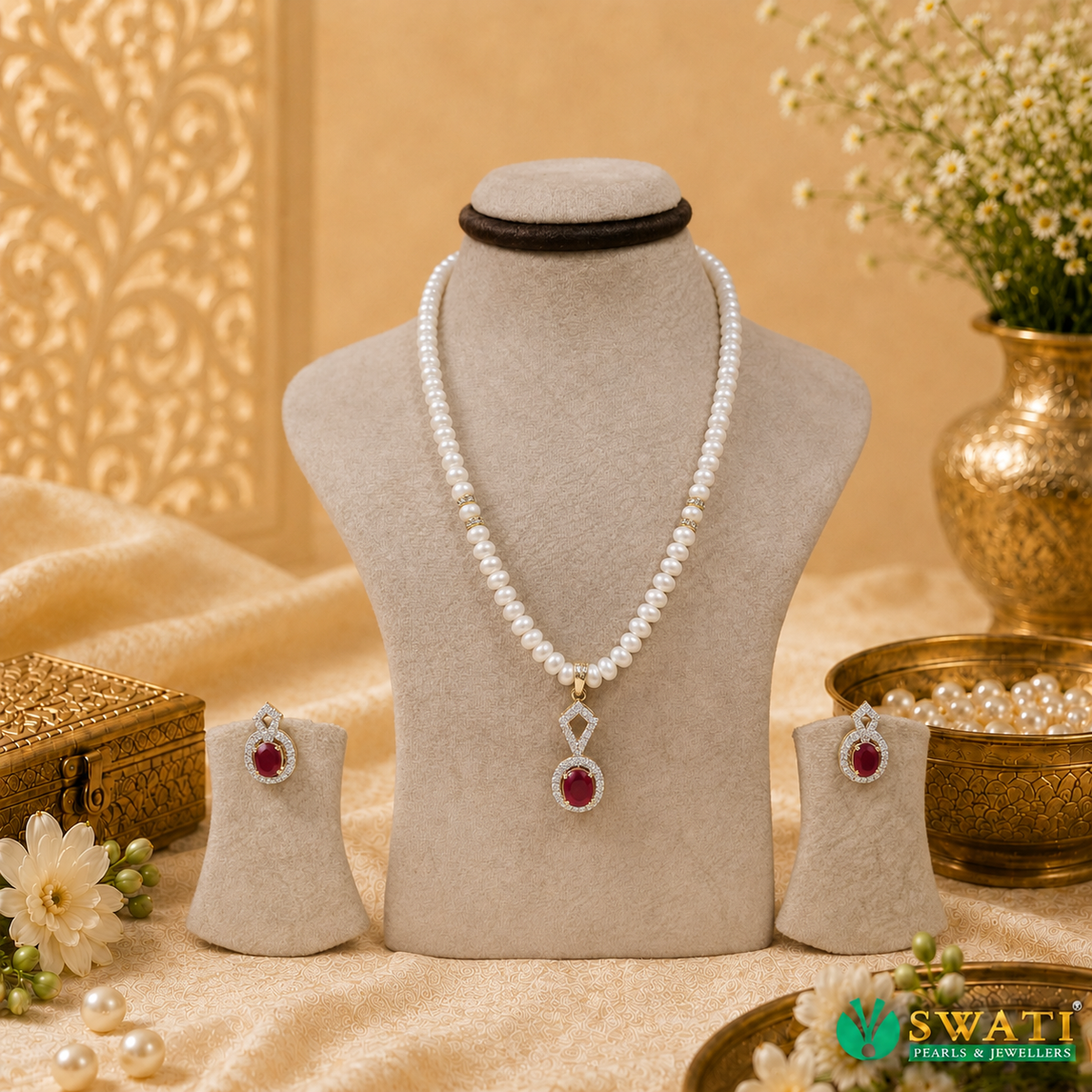 Red Stone With Pearl Set