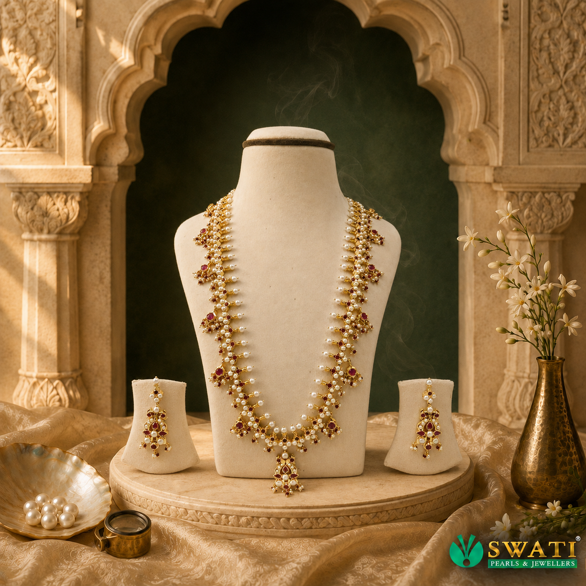 Rubby Stone With Pearls Long Set