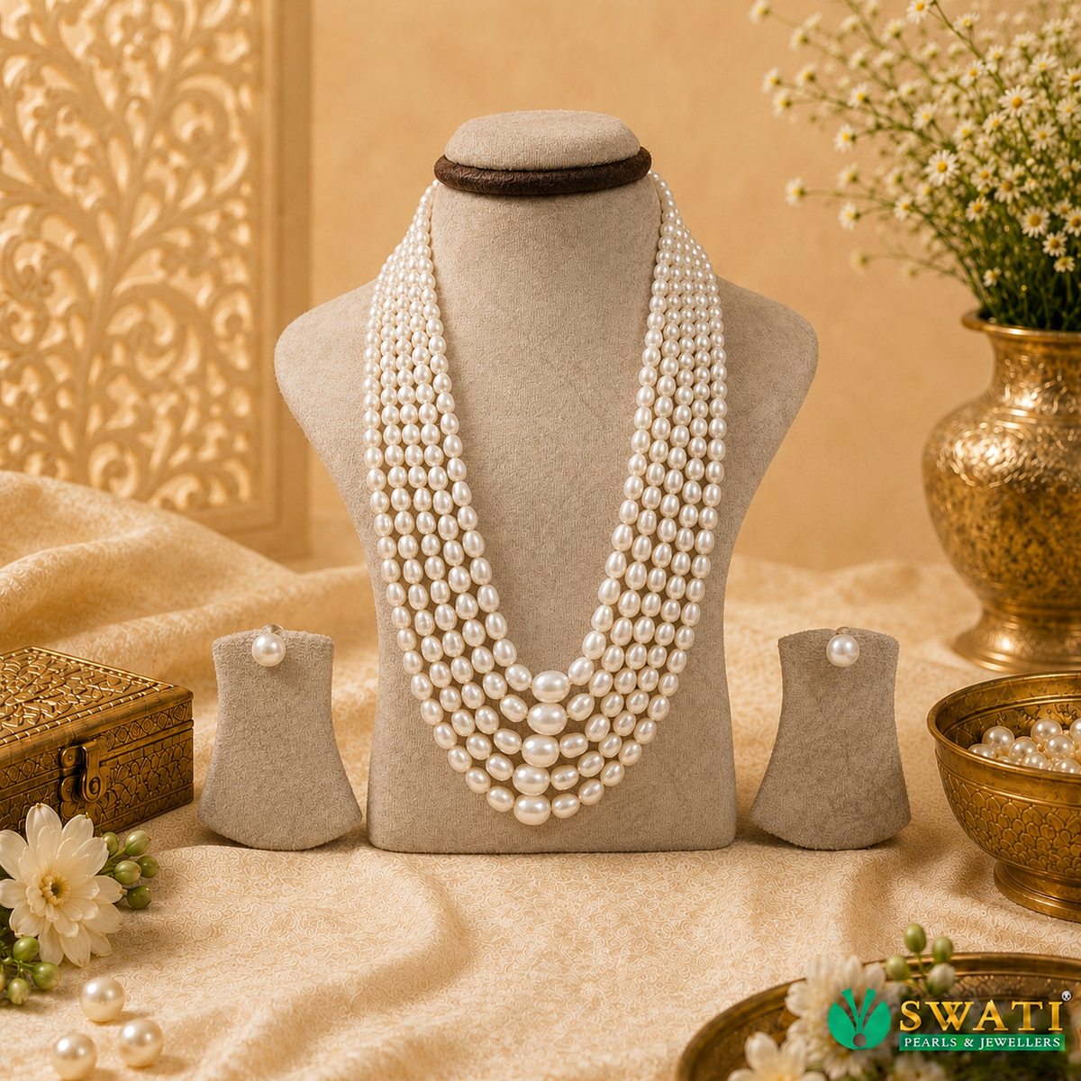 White Pearls Oval Shape Graded Plain Mala