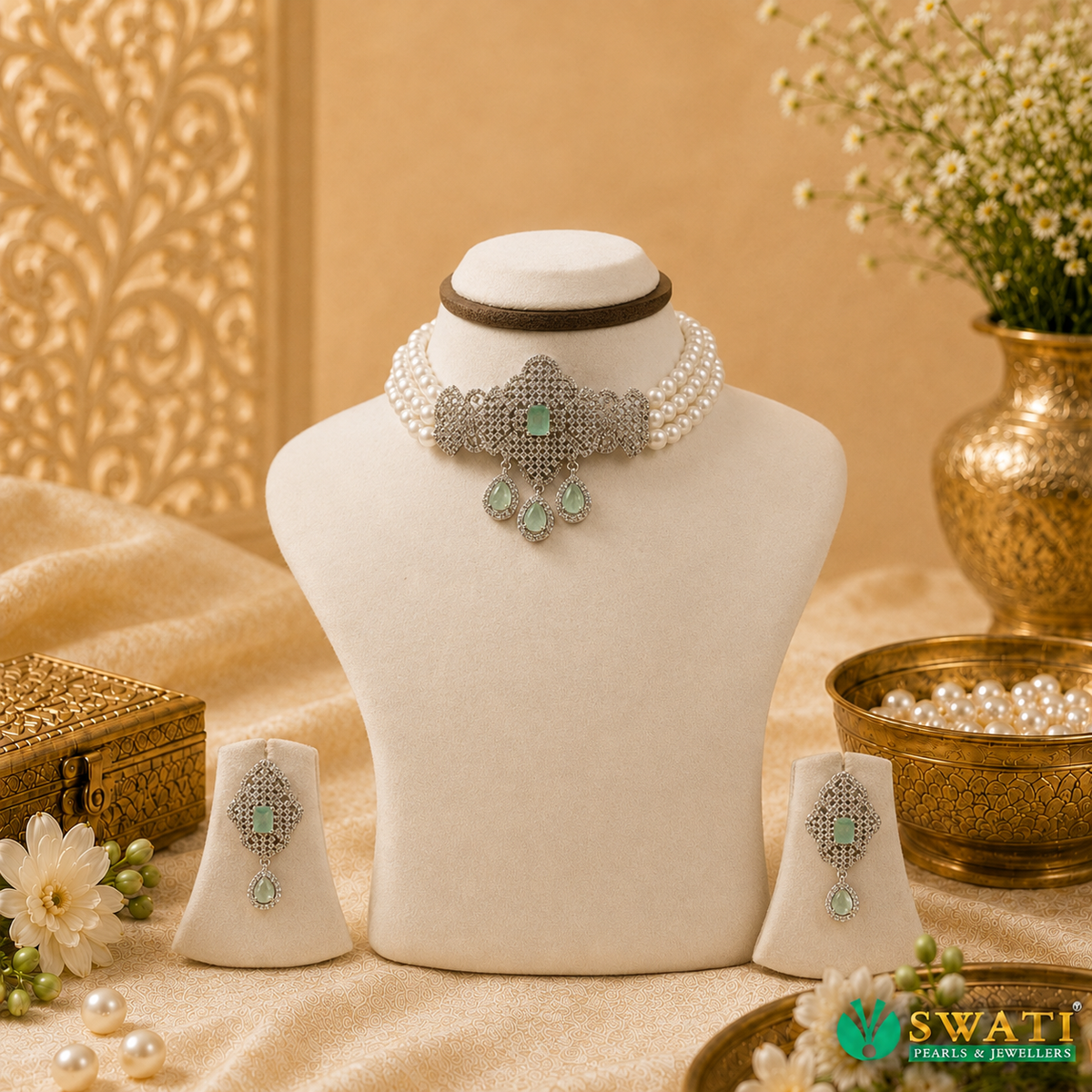 White Pearls With Lite Green Stone Chowkar