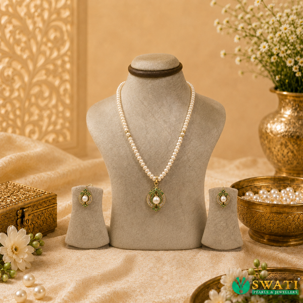 Pink Pearls Green Stone Set