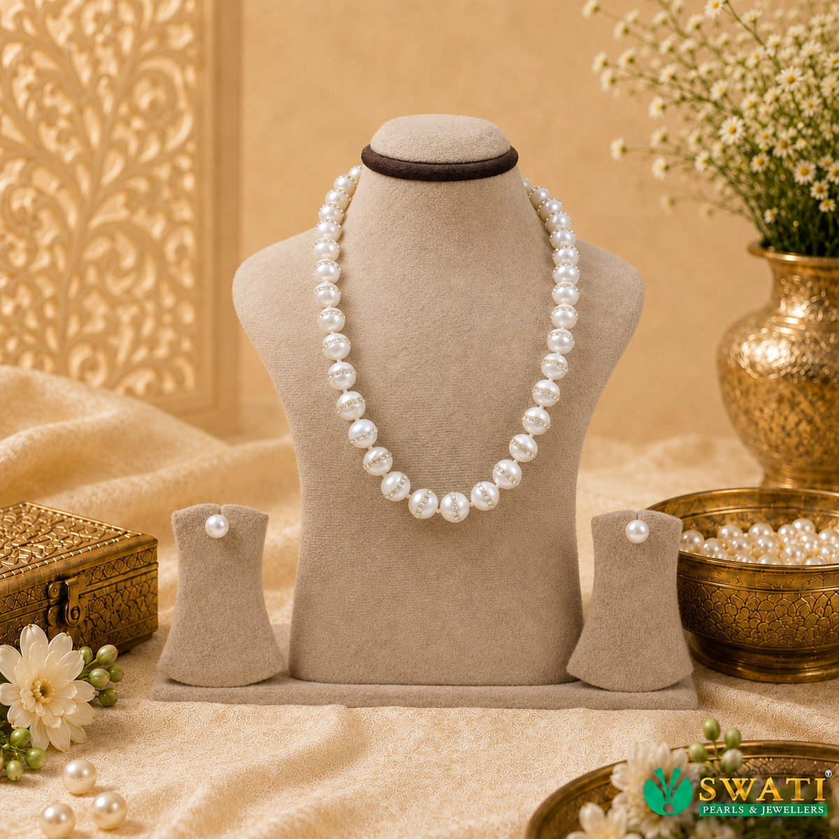 White Pearls Round Shape With Stone