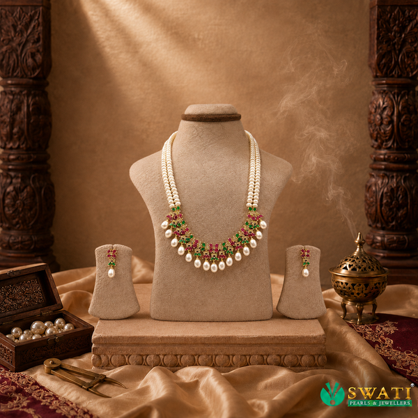 White Pearls With Red And Green Stone 2linesadsets