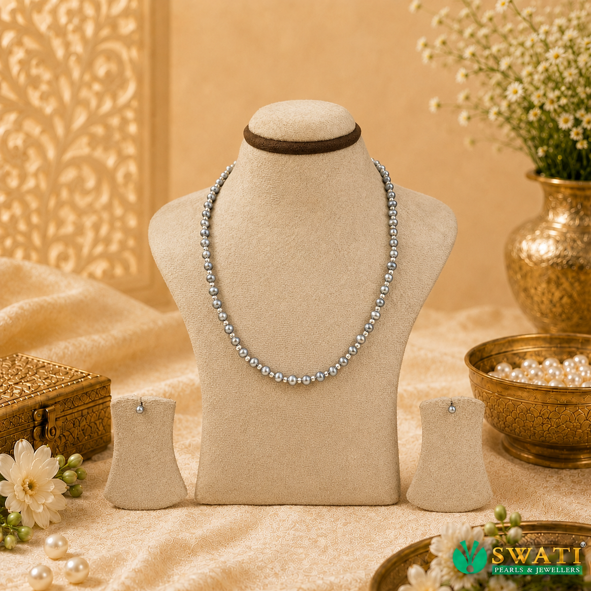 Black Pearl With Silver Balls Chain