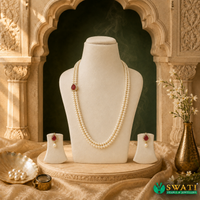 Dark Red Stone White Pearls Set