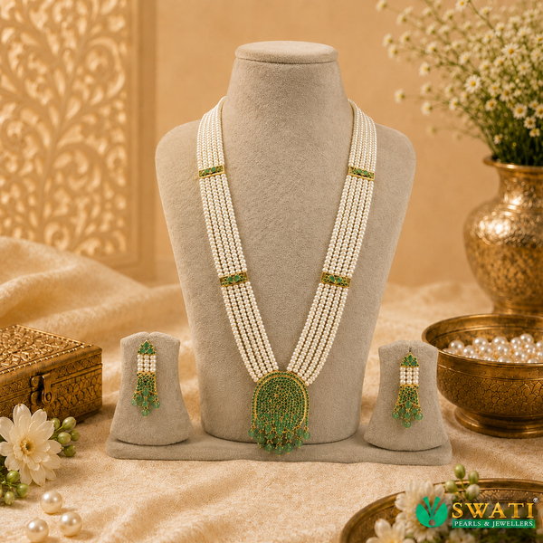 White Pearl Green Stone Rani Har
