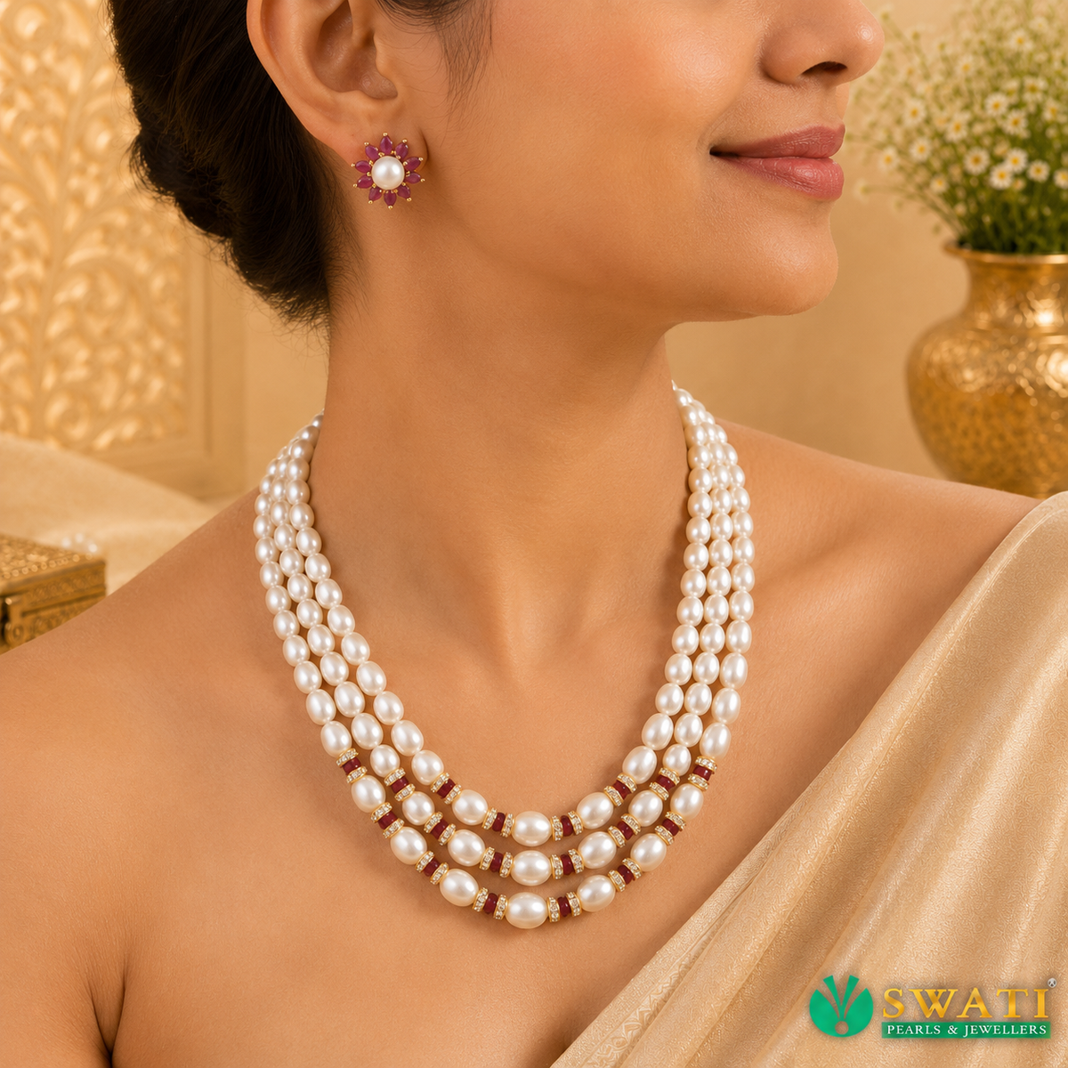 White Pearls Graded Red Combination Mala